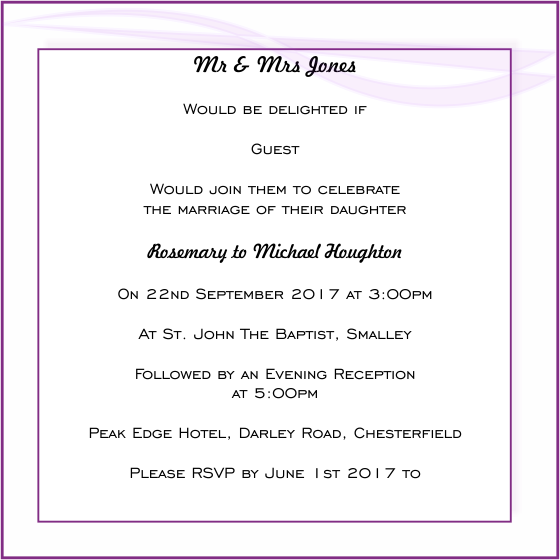 Informal style wording for wedding invitation from Bride's parents.